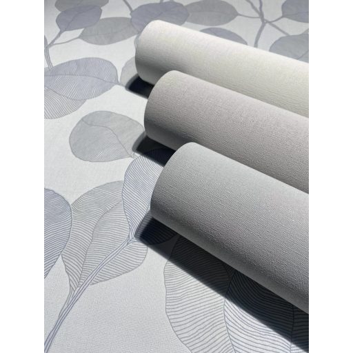 Vidám naív ábrázolású grafikus virágmotívum textil háttéren fehér kék és szürke tónus tapéta