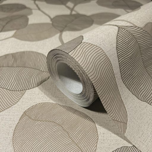 Vidám naív ábrázolású grafikus virágmotívum textil háttéren bézs/szürkésbézs barna és szürkésbarna tónus tapéta