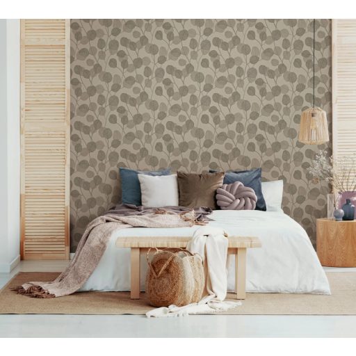 Vidám naív ábrázolású grafikus virágmotívum textil háttéren bézs/szürkésbézs barna és szürkésbarna tónus tapéta