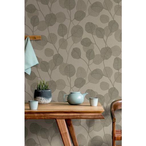 Vidám naív ábrázolású grafikus virágmotívum textil háttéren bézs/szürkésbézs barna és szürkésbarna tónus tapéta