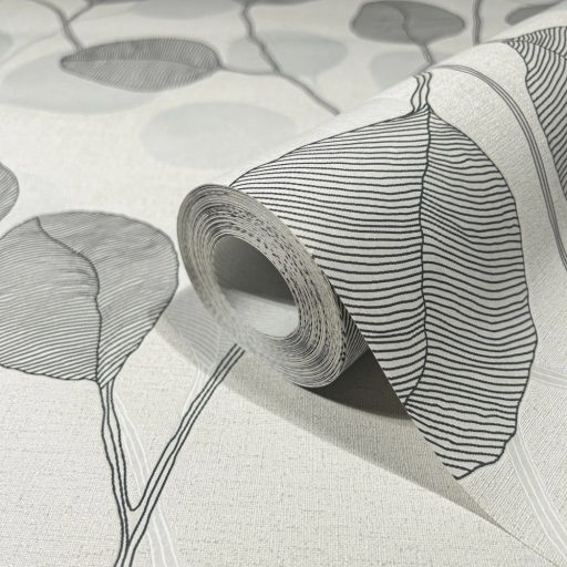 Vidám naív ábrázolású grafikus virágmotívum textil háttéren szürke szürkésfehér és sötétszürke/antracit tónus tapéta