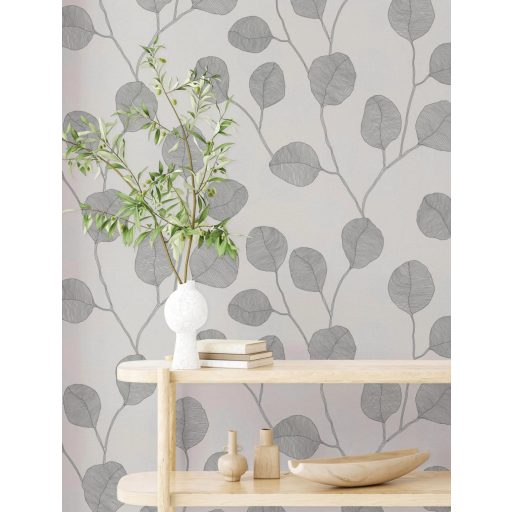 Vidám naív ábrázolású grafikus virágmotívum textil háttéren szürke szürkésfehér és sötétszürke/antracit tónus tapéta