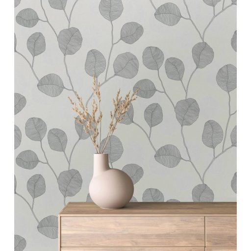 Vidám naív ábrázolású grafikus virágmotívum textil háttéren szürke szürkésfehér és sötétszürke/antracit tónus tapéta