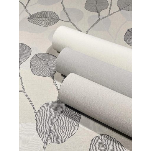 Vidám naív ábrázolású grafikus virágmotívum textil háttéren szürke szürkésfehér és sötétszürke/antracit tónus tapéta