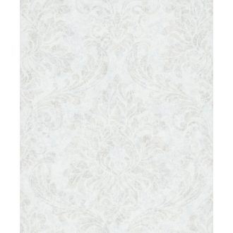   Shabby Chic a kopottas elegancia stílusában barokk díszítőmotívum fehér és bézs/világosbarna tónus fémes mintarészletek tapéta