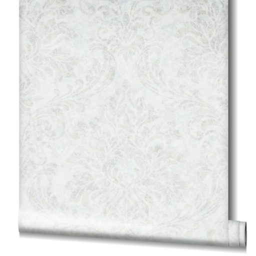 Shabby Chic a kopottas elegancia stílusában barokk díszítőmotívum fehér és bézs/világosbarna tónus fémes mintarészletek tapéta