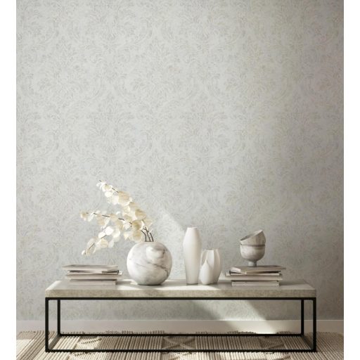 Shabby Chic a kopottas elegancia stílusában barokk díszítőmotívum fehér és bézs/világosbarna tónus fémes mintarészletek tapéta