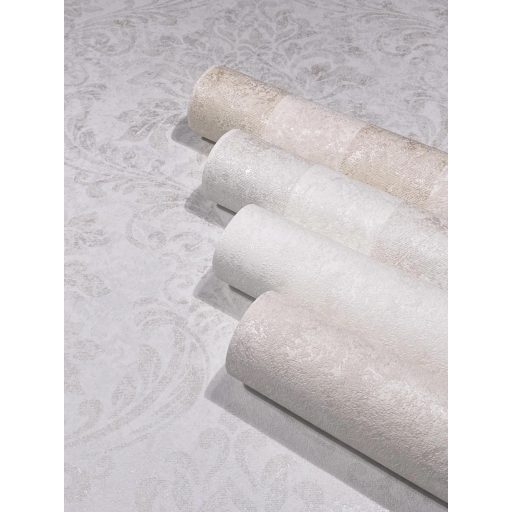 Shabby Chic a kopottas elegancia stílusában barokk díszítőmotívum fehér és bézs/világosbarna tónus fémes mintarészletek tapéta