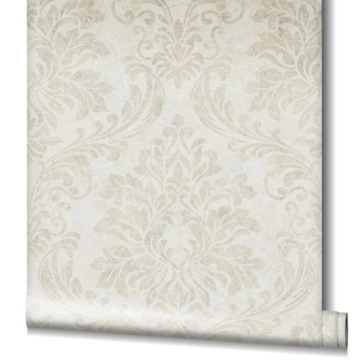 Shabby Chic a kopottas elegancia stílusában barokk díszítőmotívum krémfehér és bézs tónus fémes mintarészletek tapéta