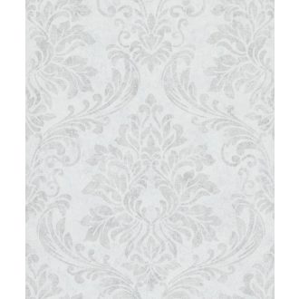   Shabby Chic a kopottas elegancia stílusában barokk díszítőmotívum világosszürke és szürke tónus fémes mintarészletek tapéta