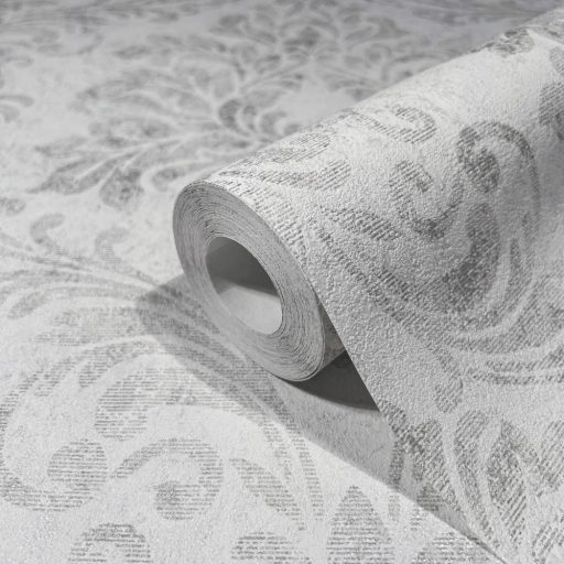 Shabby Chic a kopottas elegancia stílusában barokk díszítőmotívum világosszürke és szürke tónus fémes mintarészletek tapéta