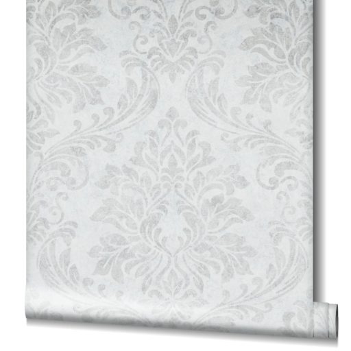 Shabby Chic a kopottas elegancia stílusában barokk díszítőmotívum világosszürke és szürke tónus fémes mintarészletek tapéta