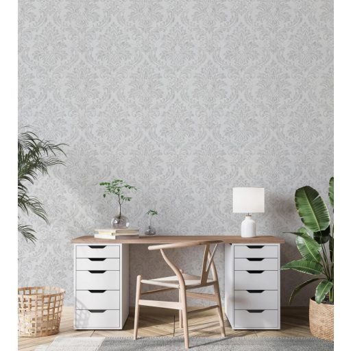 Shabby Chic a kopottas elegancia stílusában barokk díszítőmotívum világosszürke és szürke tónus fémes mintarészletek tapéta