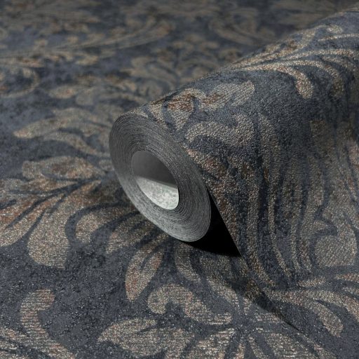 Shabby Chic a kopottas elegancia stílusában barokk díszítőmotívum fekete és barna fémes bronz mintarészletek tapéta