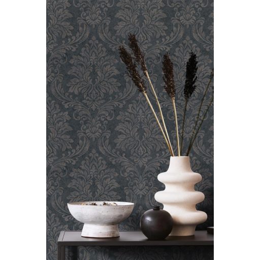 Shabby Chic a kopottas elegancia stílusában barokk díszítőmotívum fekete és barna fémes bronz mintarészletek tapéta