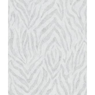  Egzotikus zebracsíkos motívum a kopottas elegancia jegyében szürkésfehér és szürke tónus fémes mintarészletek tapéta