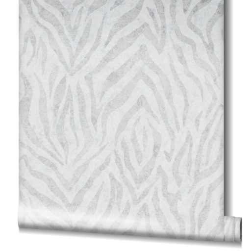 Egzotikus zebracsíkos motívum a kopottas elegancia jegyében szürkésfehér és szürke tónus fémes mintarészletek tapéta