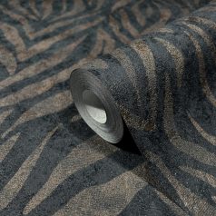   Egzotikus zebracsíkos motívum a kopottas elegancia jegyében fekete és barna tónus fémes bronz mintarészletek tapéta