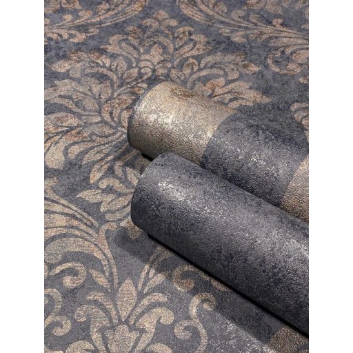 Shabby stílusú csíkos minta fémes hatással fekete és bronzbarna tónus fémes bronz mintarészletek tapéta