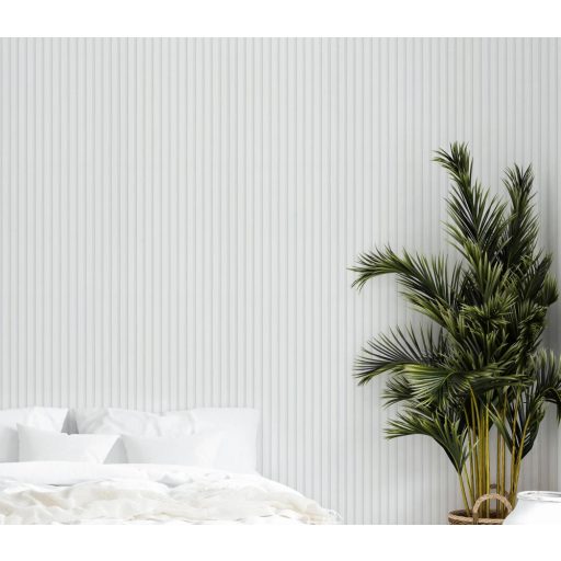 Háromdimenziós akusztikus "csíkos" falpanel motívum fehér világos ezüstszürke és szürke tónus finoman fénylő mintarészletek tapéta