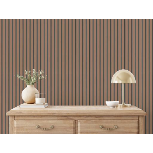 Háromdimenziós akusztikus "csíkos" falpanel motívum rozsdabarna sötétszürke és antracit tónus finoman fénylő mintarészletek tapéta