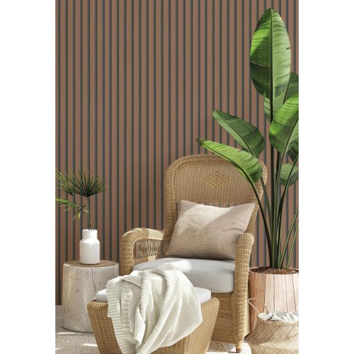 Háromdimenziós akusztikus "csíkos" falpanel motívum rozsdabarna sötétszürke és antracit tónus finoman fénylő mintarészletek tapéta