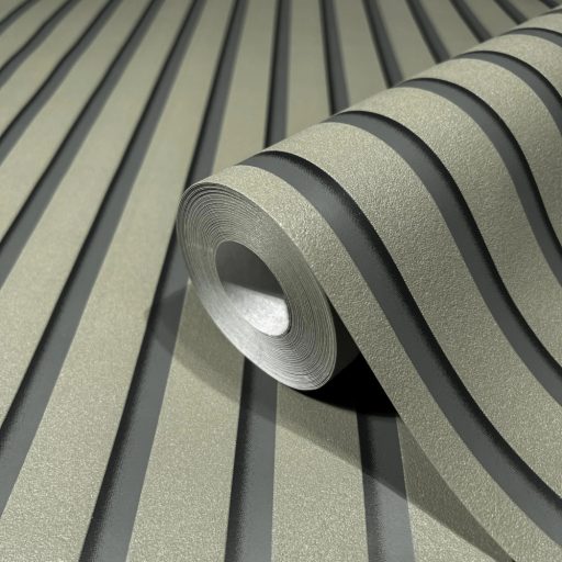 Háromdimenziós akusztikus "csíkos" falpanel motívum sárszín/szürkészöld sötétszürke és antracit finoman fénylő mintarészletek tapéta