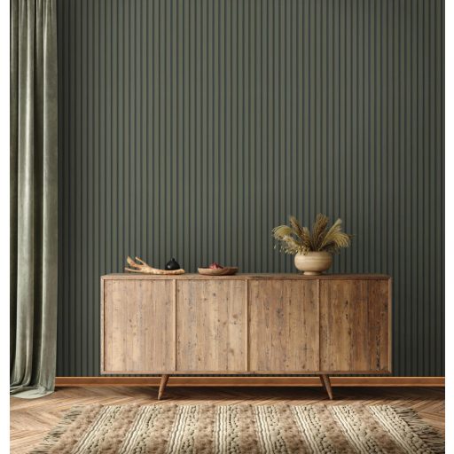 Háromdimenziós akusztikus "csíkos" falpanel motívum sárszín/szürkészöld sötétszürke és antracit finoman fénylő mintarészletek tapéta