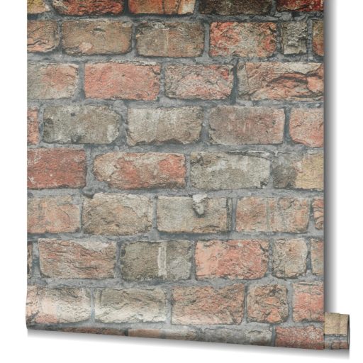 Kultikus design a sorozatból! Háromdimenziós téglaminta szürke sötétszürke bézs szürkésbarna és narancs tónus tapéta