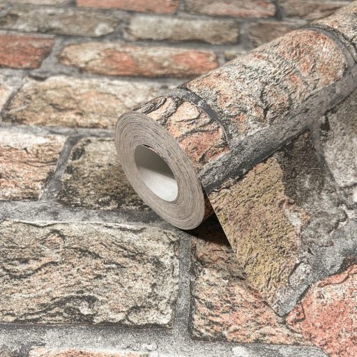 Kultikus design a sorozatból! Háromdimenziós téglaminta szürke sötétszürke bézs szürkésbarna és narancs tónus tapéta