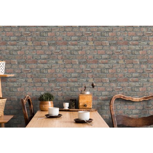 Kultikus design a sorozatból! Háromdimenziós téglaminta szürke sötétszürke bézs szürkésbarna és narancs tónus tapéta