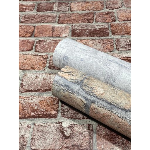 Kultikus design a sorozatból! Háromdimenziós téglaminta szürke sötétszürke bézs szürkésbarna és narancs tónus tapéta