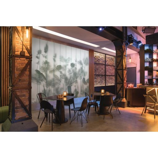 Üvegfalon áttetsző trópusi levélmotívum loft stílusban "S" méret zöld szürkészöld és szürke tónus falpanel