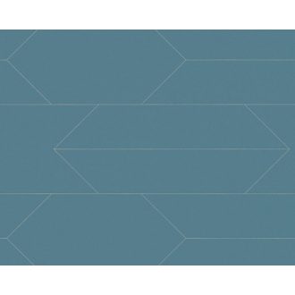   Vonalakkal kialakított trapézok hatszögek geometriai mintája kék/szürkéskék és arany tónus fémes mintafény tapéta