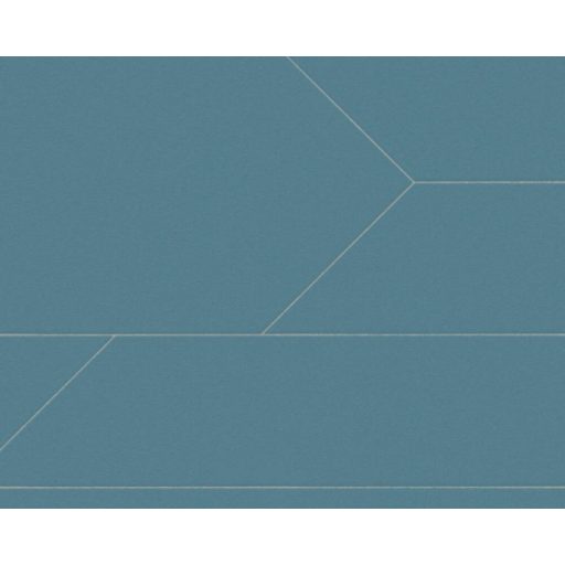 Vonalakkal kialakított trapézok hatszögek geometriai mintája kék/szürkéskék és arany tónus fémes mintafény tapéta