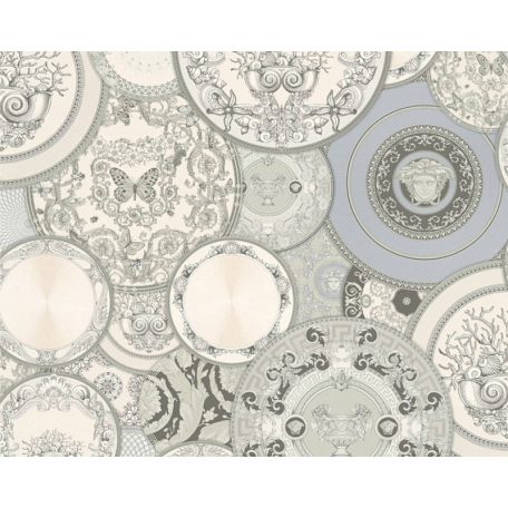 As-Creation Versace 3, 34901-3  design különböző mintájú dísztányérok  szürke  fehér ezüst  tapéta