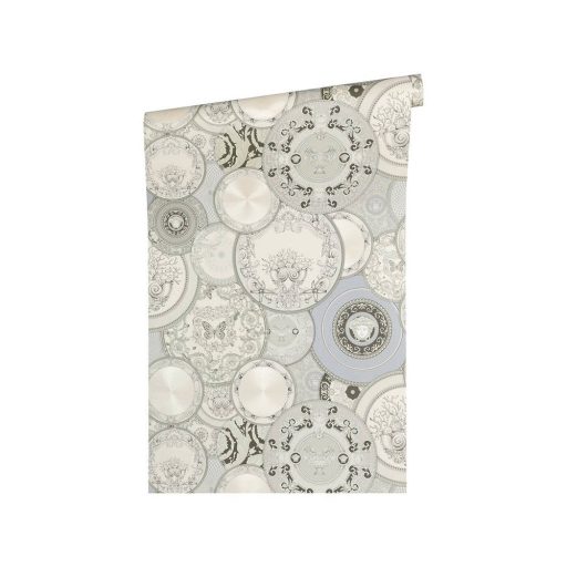 As-Creation Versace 3, 34901-3  design különböző mintájú dísztányérok  szürke  fehér ezüst  tapéta