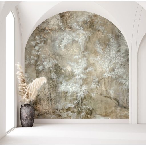 Koptatott háttéren romantikus - szinte mesebeli - erdei motívum barna szürkésbarna és fehér tónus falpanel