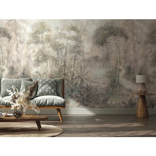 Művészi hatású erdei botanikai milliő vintage panoráma barna szürkésbarna fekete zöld és bézs tónus falpanel