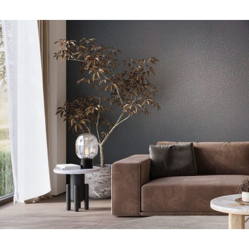 Fémes elemekkel díszített innovatív egyszínű textílminta antracit grafitszürke és rézszín tónus tapéta