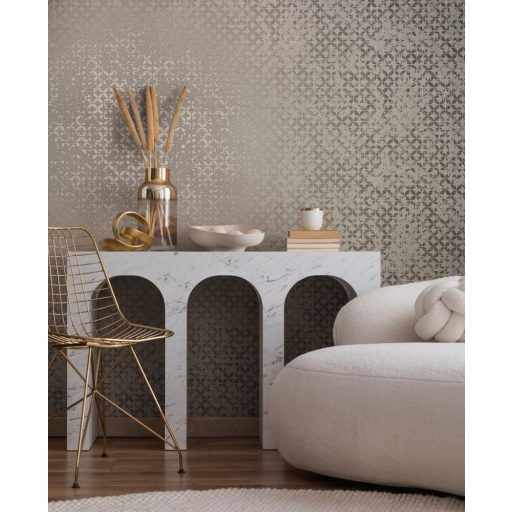 Stilizált levelek strukturált koptatott felületen grafikai minta szürke árnyalatok és ezüst fémes hatás tapéta