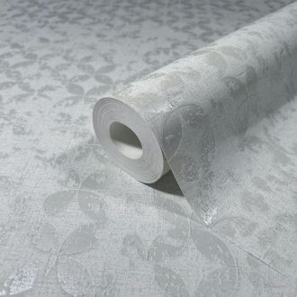   Stilizált levelek strukturált koptatott felületen grafikai minta szürkésfehér világosszürke és ezüst fémes hatás tapéta