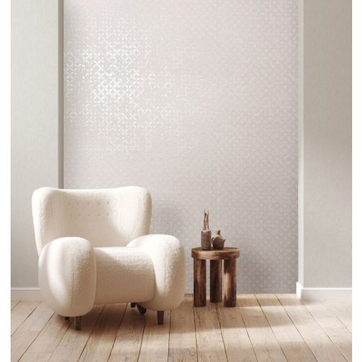 Stilizált levelek strukturált koptatott felületen grafikai minta krém világosbézs és gyöngyház fémes hatás tapéta