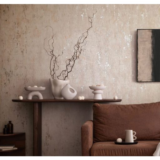 A Shabby sztárja! Fémes kiemeléssel díszített strukturált koptatott minta bézs narancs és ezüst tónus tapéta