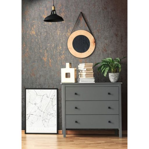 Loft stílusú fémes elemekkel díszített beton mintázat szürke grafitszürke és rézszín tónus tapéta