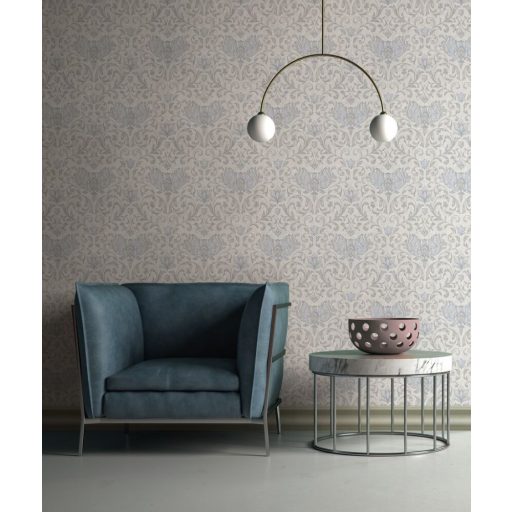 Damaszt hatású klasszikus szépségű és mintázatú Vintage dekorminta ecru szürke és kék tónus tapéta