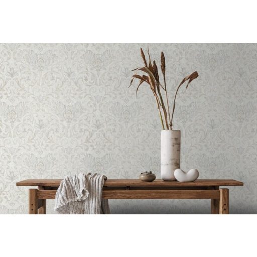 Damaszt hatású klasszikus szépségű és mintázatú Vintage dekorminta szürkésfehér szürke és bézs tónus tapéta