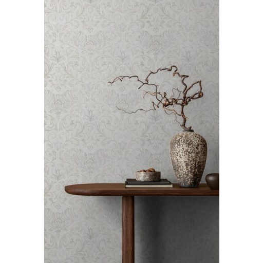 Damaszt hatású klasszikus szépségű és mintázatú Vintage dekorminta szürkésfehér szürke és bézs tónus tapéta