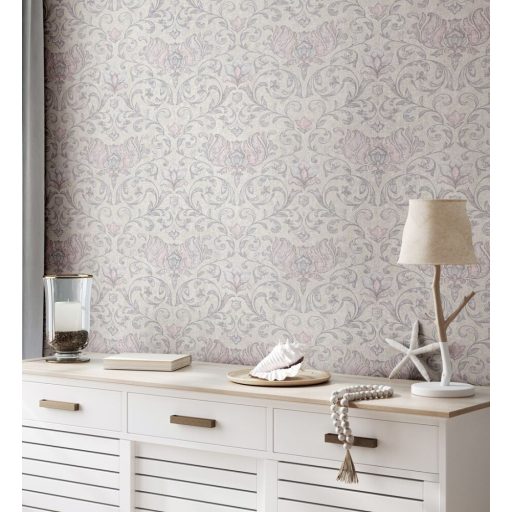 Damaszt hatású klasszikus szépségű és mintázatú Vintage dekorminta törtfehér bézs szürke és rózsaszín tónus tapéta
