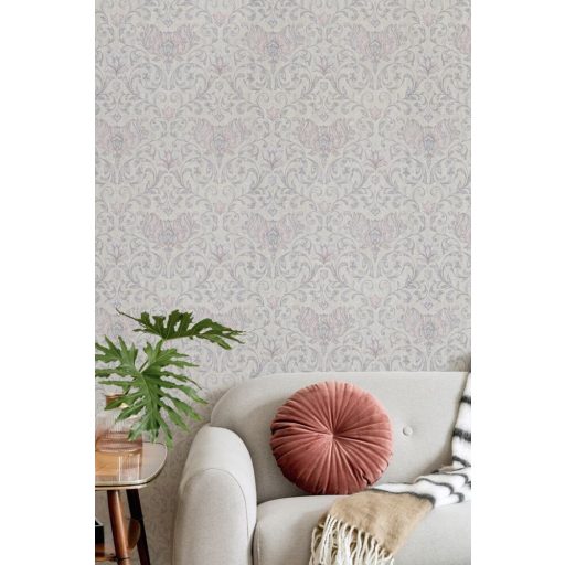 Damaszt hatású klasszikus szépségű és mintázatú Vintage dekorminta törtfehér bézs szürke és rózsaszín tónus tapéta